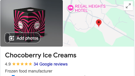 Choco Berry Ice Creams 4.9 star Google Business Profile with 34 reviews